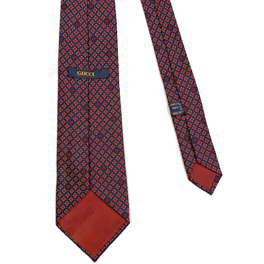 Gucci Mens‎ Silk Tie Navy Blue Red Geometric Diamond Stirrup Pattern W: 3.25"